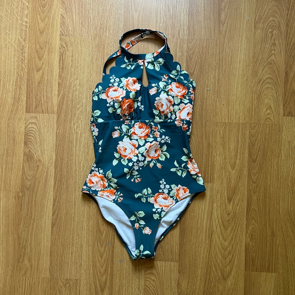 Teal Floral Scalloped High Neck One Piece Swimsuit with‎ Keyhole Cutout Boho